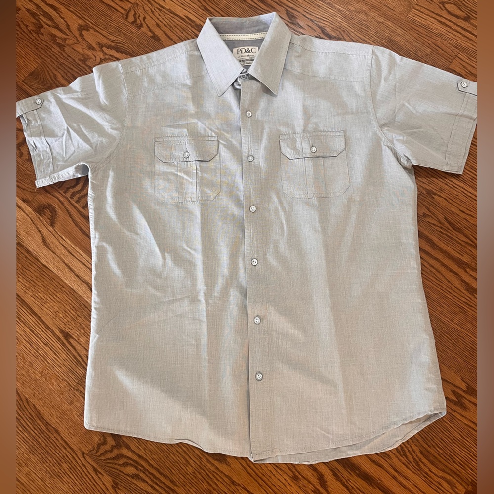 PD & C Short Slv Button-Down Men's Medium Chambray Colllared Shirt  Blue Tab Slv